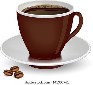 Coffee in brown cup and beans on a white background.vector ilustration