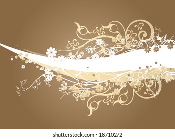 A coffee brown gradient background with intricate orange and white swirls and arabesques