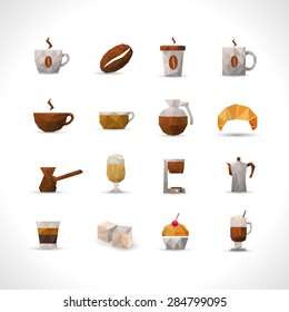 Coffee brown with shadows polygonal icons set isolated vector illustration