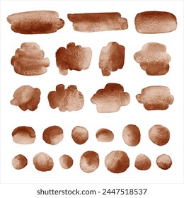 Coffee brown watercolor vector graphic elements set. Aquarelle brush strokes, smudges, gradient smears, oval watercolour shapes, doodle circles, paint spots, dots, round stains. Backgrounds collection