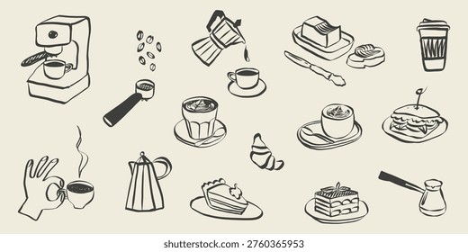 Coffee and brunch doodle icons for cafe menu design. Italian breakfast sketch with croissant, espresso cup and fresh pastries in retro line art style. Chalk vector illustration