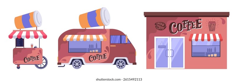 Coffee building, food cart, track  on isolated background. Vector collection in a flat style