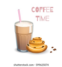 Coffee and bun set. Straw in milk coffee and coffee beans. Vector illustration