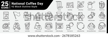 Coffee Bundle H25 V02, Icons covering global coffee traditions, brewing methods, and shop essentials—great for menus, marketing, or cultural storytelling. Line style.