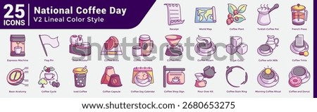 Coffee Bundle H25 V02, Icons covering global coffee traditions, brewing methods, and shop essentials—great for menus, marketing, or cultural storytelling. Lineal Color style.