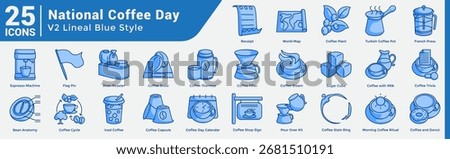 Coffee Bundle H25 V02, Icons covering global coffee traditions, brewing methods, and shop essentials—great for menus, marketing, or cultural storytelling. Blue style.