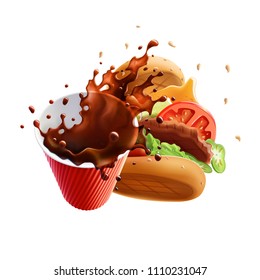 Coffee and Burger Dynamic Collision. Vector Objects Isolated on White Background.