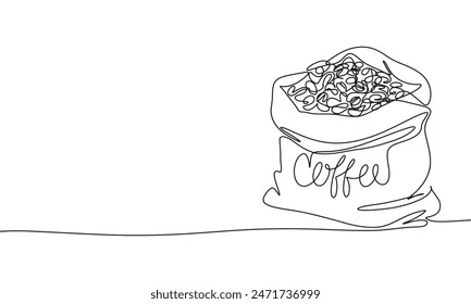 Coffee in burlap sack one line continuous. Line art burlap sack with coffee. Hand drawn vector art.