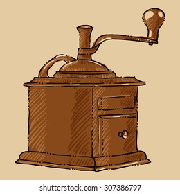coffee burr mill or grinder in hand-drawn sketch style, vector 