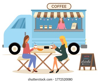 Coffee bus, vehicle with hot and cold drinks and fastfood. Women sitting at table with disposable cup and hotdog, seller in car, urban cafe vector