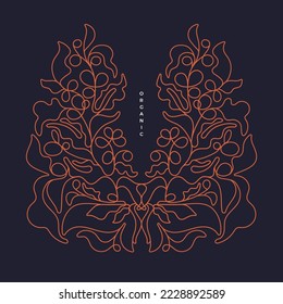 Coffee bush art line pattern. Abstract graphic elegant decoration. Bohemian outline graphics for cafe label. Aroma drink. Vector vintage ornament