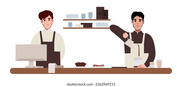 Coffee Business Concept. Barista making coffee and serving of hot coffee in cafe. Cafe bar background. hand drawn style vector design illustrations.