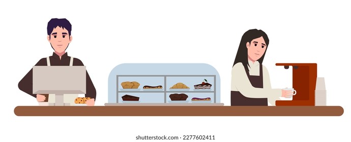 Coffee Business Concept. Barista making coffee and serving of hot coffee in cafe. Cafe bar background. hand drawn style vector design illustrations.