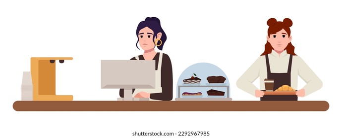 Coffee Business Concept. Barista making coffee and serving of hot coffee in cafe. Cafe bar background. hand drawn style vector design illustrations.