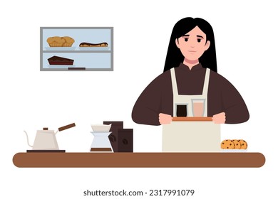Coffee Business Concept. Barista making coffee and serving of hot coffee in cafe. Cafe bar background. hand drawn style vector design illustrations.