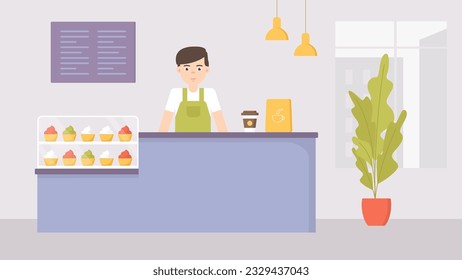 Coffee business ilustration. Barista at cafe counter vector. Showcase with cakes or delicious treats. Man sells desserts and makes coffee. Interior flat style.