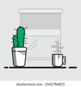 Diseño plano de café y cactus con fondo de ventana