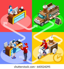 Coffee Cafe bar take away food truck and white car or van for breakfast fast home delivery vector infographic. Isometric people delivery man processing online order at the client customer door