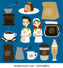 Coffee cafe barista and items vector collection