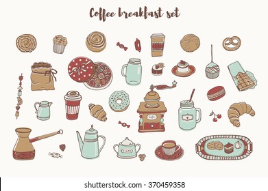coffee cafe breakfast food and drin color set