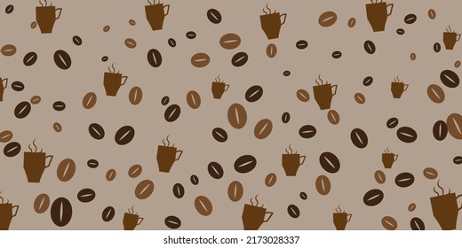 Coffee and Cafe concept pattern graphic illustration. Coffee beans, cup and text pattern for graphic, banner and background. Vector illustration.