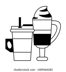 coffee cafe concept coffee shop elements ice and hot drinks cartoon vector illustration graphic design in black and white