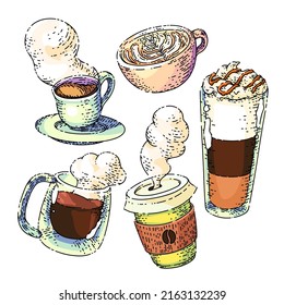 café café taza set boceto dibujo mano arte de bebida vectorial, taza caliente, espresso comida vintage ilustración de la línea de color