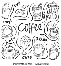 Juego de iconos de doodle de café y café, estilo moderno y bonito dibujado a mano aislado en fondo blanco 