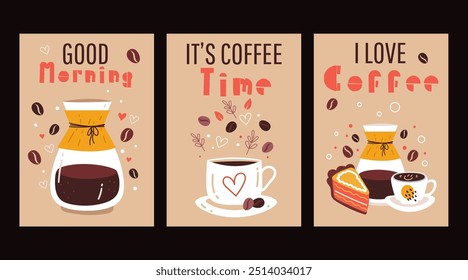 Coffee cafe drinks cards line art simple style isolated concept set 