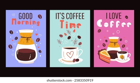 Coffee cafe drinks cards line art simple style isolated concept set