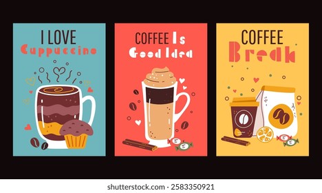 Coffee cafe drinks cards line art simple style isolated concept set