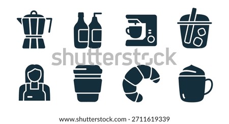 Coffee and cafe excellent icon collection. Set of moka pot, syrup bottles, espresso machine, iced drink, barista, takeaway cup, croissant, and whipped coffee icons