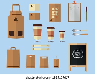 Coffee, Cafe, Food Basket. Vector Set Uniform, Basket, Food Delivery, Street Menu ChalkBoard, Envelope, Paper Bag. Coffee, Fast Food Package. Small, Medium, Large Paper Cup. Fashionable, Trendy Vector