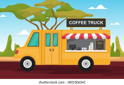 Coffee Cafe Food Truck Van Car Vehicle Street Shop Illustration