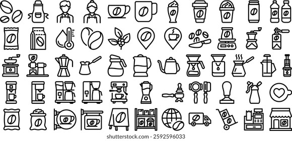 Coffee cafe icons set featuring cups, beans, espresso machines, mugs, and more in an outline style, perfect for shop, business, cafes, menus, and beverage-related application and print designs.