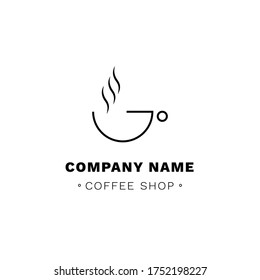 Coffee cafe logo. Simple coffee cup symbol hipster line style, vintage outline coffee mug. Vector coffee shop illustration