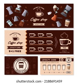 Coffee Cafe Loyalty Card. Collecting Stamps Coupon, Cafe Gift Bonus And Get Cup For Free Voucher Vector Template. Promotion In Cafeteria For Takeaway Mugs. Discount For Coffee Shop