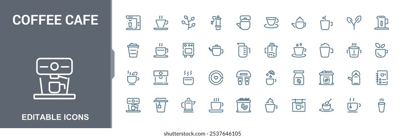 Coffee cafe minimalist line icon set. Featuring beverage, grinder, caffeine, refreshment, coffee, bean and more. Outline icons pack. Editable stroke. Vector illustration.