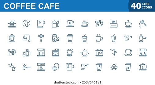 Coffee cafe minimalist line icon set. Featuring beverage, grinder, caffeine, refreshment, coffee, bean and more. Outline icons pack. Editable stroke. Vector illustration.