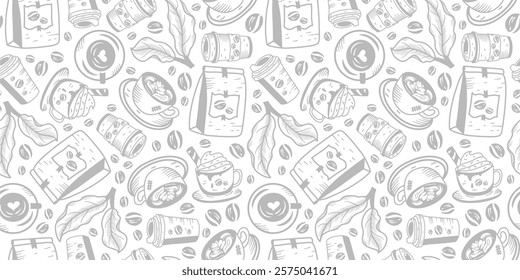Coffee and Cafe pattern background. Vintage Coffee Doodle Pattern background. cafe pattern background. Cafe Themed Coffee Bean Pattern background.