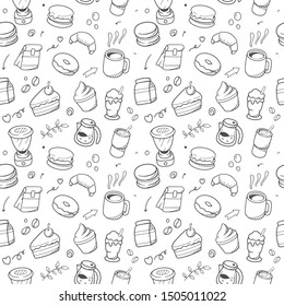 Coffee cafe sketch seamless pattern. Cute vector illustration