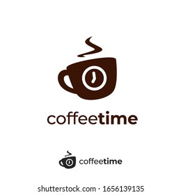 Coffee Cafe Time Logo With Hot Cup Mug And Clock Icon Symbol Vector