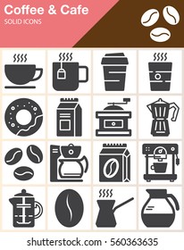 Coffee and Cafe vector icons set, modern solid symbol collection, filled style pictogram pack. Signs, logo illustration. Include icons as cup, donut, mug, beans, coffee machine, grinder