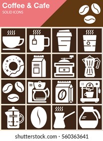 Coffee and Cafe vector icons set, modern solid symbol collection, filled white pictogram pack. Signs, logo illustration, web graphics