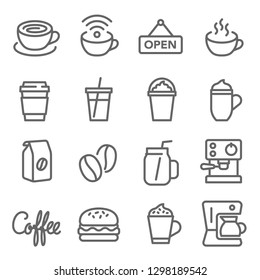 Coffee Cafe Vector Line Icon Set. Contains such Icons as Hamburger, Coffee Machine, Beans, Hot, Cold, Blended and more. Expanded Stroke