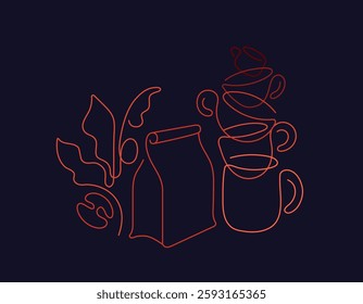 Coffee and cafe. Vector line logo. Different cups. Hot aroma beverage. Minimal art graphic illustration. Espresso, cappuccino, americano and milk latte in ceramic mug. Symbol isolated. Editable stroke