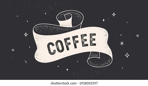 Coffee, cafe. Vintage ribbon with text coffee. Black white vintage banner with ribbon, graphic design. Text coffee for cafe, bar, restaurant, food menu. Vector Illustration