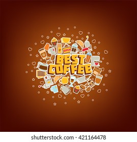 Coffee Cafe.Coffee cup, beans, shop, mag. Vector illustration on white background.
