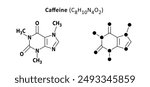 Coffee, caffeine chemical structure, C8H10N4O2. Structural formulas cell, cells molecules membranes atom atomic. Balance coffee concept. Line pattern. Caffain formula molecule. Atom concept.