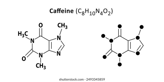 Coffee, caffeine chemical structure, C8H10N4O2. Structural formulas cell, cells molecules membranes atom atomic. Balance coffee concept. Line pattern. Caffain formula molecule. Atom concept.